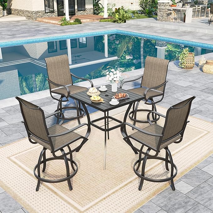 Sophia & William Outdoor Bar Set, Patio Bar Table and Chairs Set, Counter Height Patio Set - 4 x Swivel Bar Chairs, 1 x Square Bar Table