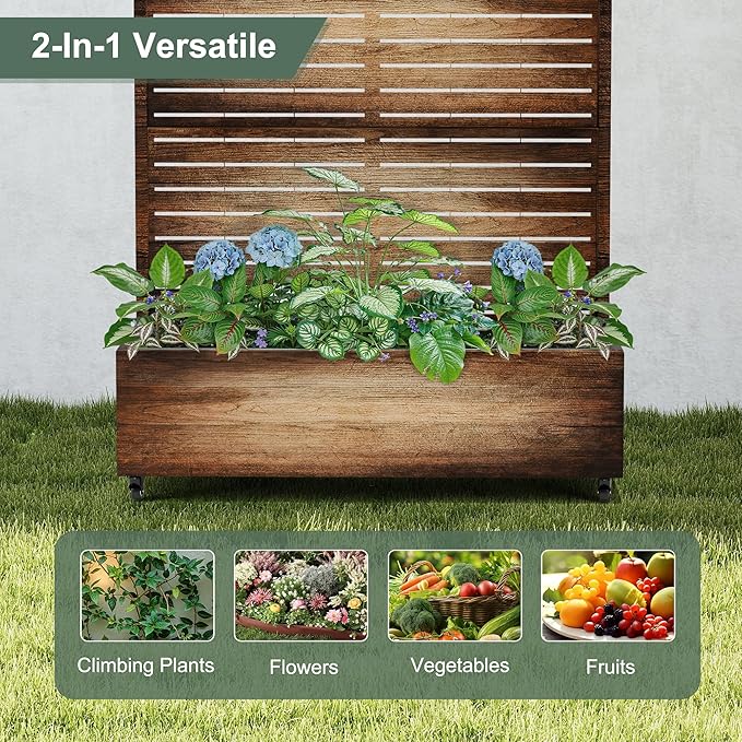 Metal Planter Box with Privacy Screen, Trellis with Planter Box for Climbing Plants, Standing Flower Bed with Wheels & Drainage Holes (47" L, Retro Brown Wood Grain)