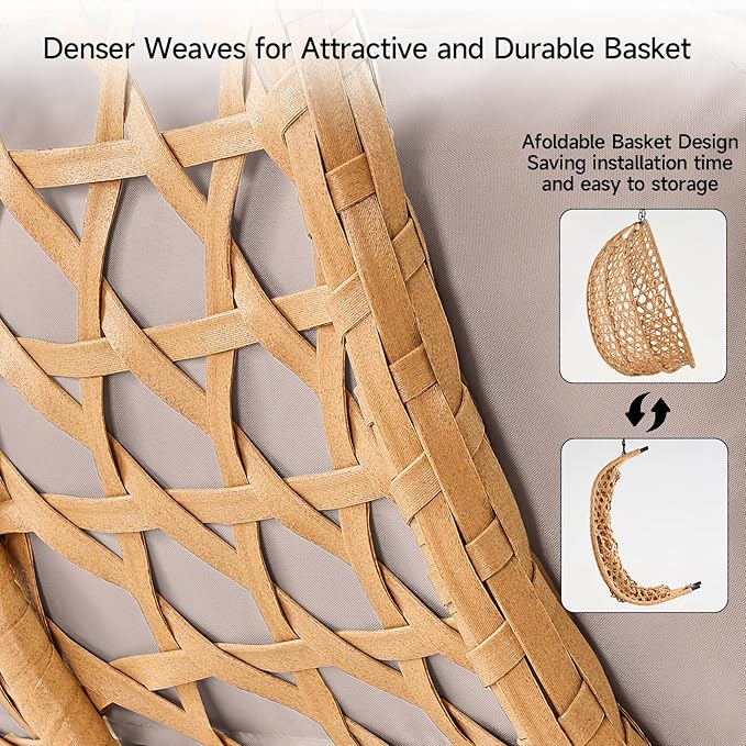 ONBRILL Double Hanging Egg Chair with Stand, Bohemian Knot Style Hammock Swing Chair, Foldable Basket & Denser Weaves, 650 Lbs Capacity Loveseat with UV Resistant Cushion for Patio, Backyard (Khaki)
