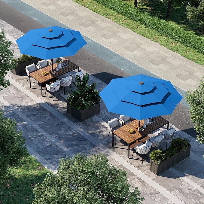 9FT 3 Tiers Patio Umbrella With Auto Tilt and Crank, Outdoor Table Market Umbrella with 8 Sturdy Ribs for Garden,Lawn,Deck,Backyard and Pool,Royal Blue
