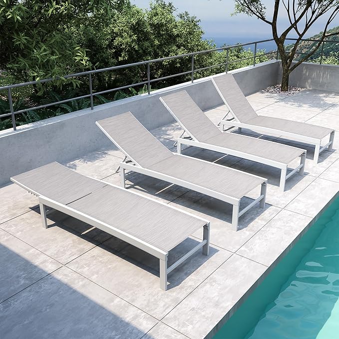 Chaise Lounge Chair, Set of 4 Outdoor Recliner Lounge Chair Sun Loungers, All Weather Chaise with 5 Adjustable Backrest and Lay Flat Positions for Garden, Balcony, Pool, White and Beige