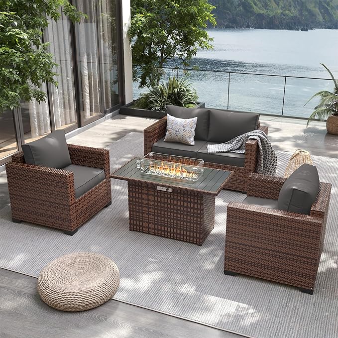 UDPATIO Patio Furniture Set with 44" Fire Pit Table, 4 Pieces Outdoor Furniture Sets, Wicker Rattan Patio Conversation Sets with Outdoor Sofa Waterproof Covers for Porch Deck Backyard, Grey