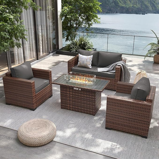 UDPATIO Patio Furniture Set with 44" Fire Pit Table, 4 Pieces Outdoor Furniture Sets, Wicker Rattan Patio Conversation Sets with Outdoor Sofa Waterproof Covers for Porch Deck Backyard, Grey