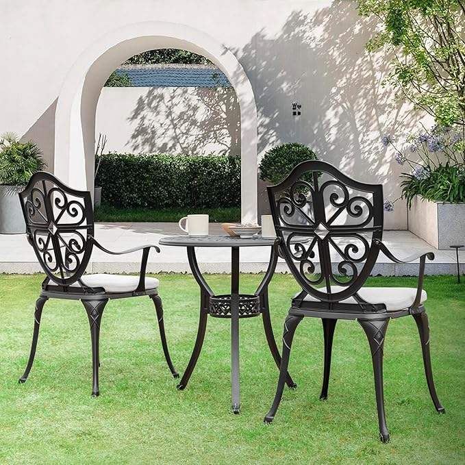 NUU GARDEN 3-Piece Outdoor Bistro Set, Cast Aluminum Patio Bistro Table and Chairs with Umbrella Hole and Grey Cushions, Bistro Set for Patio and Backyard, Black