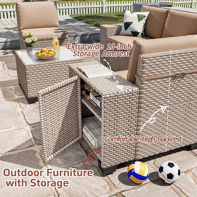 6 Pieces Patio Furniture Set, Outdoor Sectional Wicker Sofa with Thickened Cushions and Coffee Table, High Back Rattan Patio Conversation Sets for Garden Backyard, Khaki