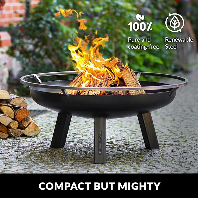 Ember 32" Handcrafted Cooking Steel Fire Pit with Cover Lid Attachment for Wood Burning Fireplace for Backyard Grilling Campfire for Camping, Large Outdoor Steel Firepit by Good Directions