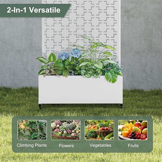 Raised Garden Beds Outdoor with Privacy Screen, Metal Standing Planter Box with Trellis & Wheels, Garden Boxes with Drainage Holes for Climbing Plants, Flowers, Vines (35"L×16"W×71"H, White Square)
