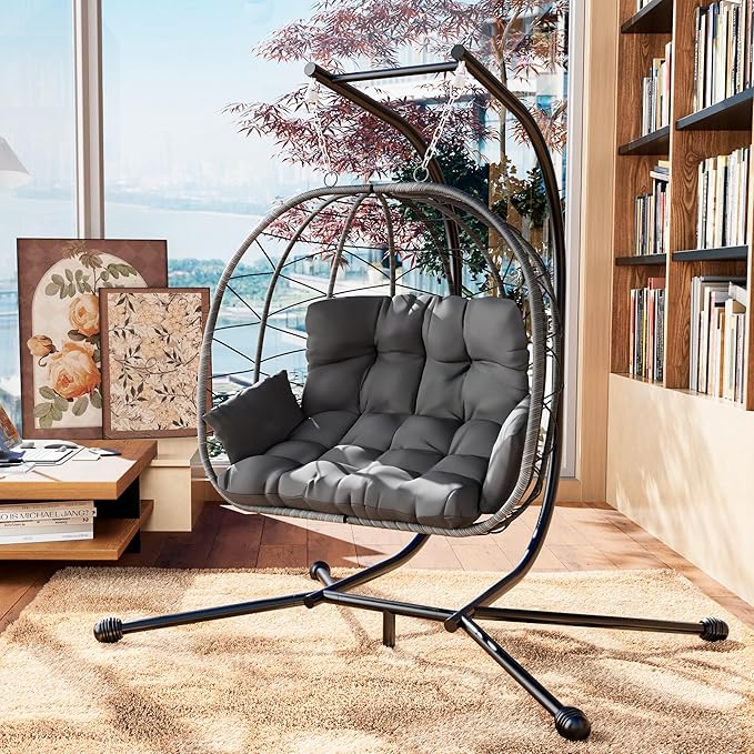 Pamapic 700 LBS Double Egg Chair Outdoor, UV Resistant Cushions Hanging Egg Chair with Armrests & Headrest, Thick Steel Frame Egg Swing Chair with Stand, for Relaxing & Reading Outside/Inside(Grey)