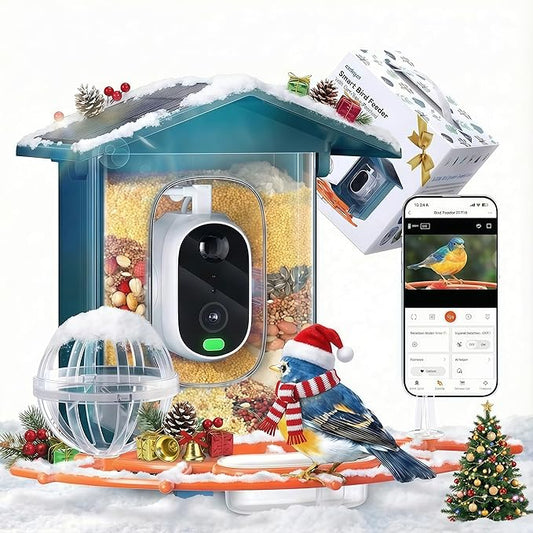 2.5K Smart Bird Feeder with Camera Solar Powered, AI Bird Species Identification, Auto Squirrel Deterrent, Real-Time Video Notifications, Weatherproof, Ideal Gift for Family and BirdLovers, Navy Blue