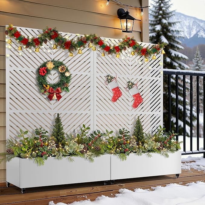 FENCY Metal Raised Garden Bed with Wheels and Trellis,73"x47"x16" Planter Box for Climbing Plants, Vegetables & Vines, Features Privacy Screen and Drainage Holes (White-Arrow)