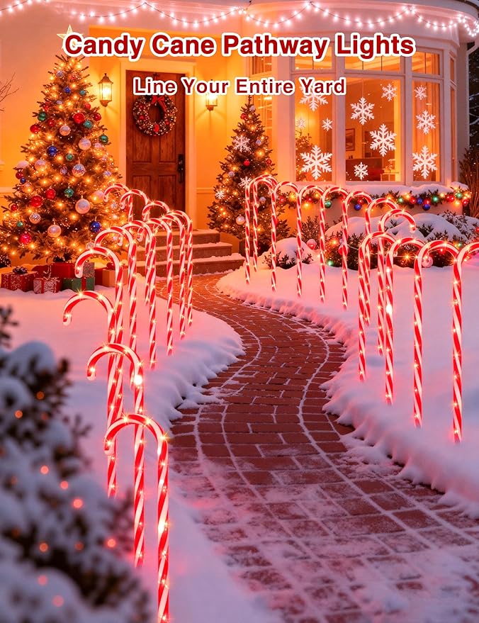 COOLWUFAN 24 Pack 28" Solar Candy Cane Path Lights Christmas Decorations, 4 Brightness Levels 264 Bright LEDs Waterproof Pathway Markers with Stakes for Outdoor Yard Garden Walkway Xmas Holiday Decor