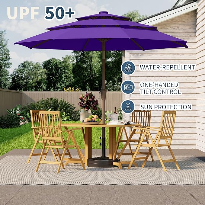 9FT 3 Tiers Patio Umbrella With Auto Tilt and Crank, Outdoor Table Market Umbrella with 8 Sturdy Ribs for Garden,Lawn,Deck,Backyard and Pool,Dark Purple