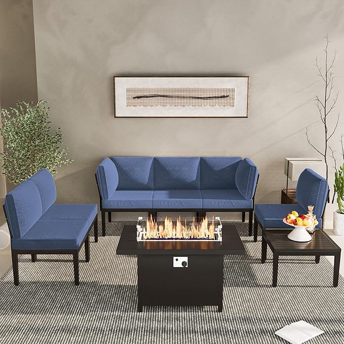 Patio Furniture Set,8 Pieces Modern Outdoor Conversation Set w/43in Gas Fire Pit Table, Outdoor Metal Sectional Sofa with 55000 BTU Propane Fire Pit.