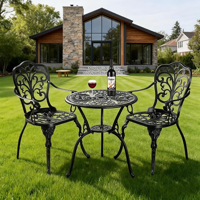 3 Piece Patio Bistro Set,Cast Aluminum Outdoor Bistro Table and Chair Set of 2 with 1.97" Umbrella Hole,All Weather Patio Furniture Set for Garden,Porch(Black)