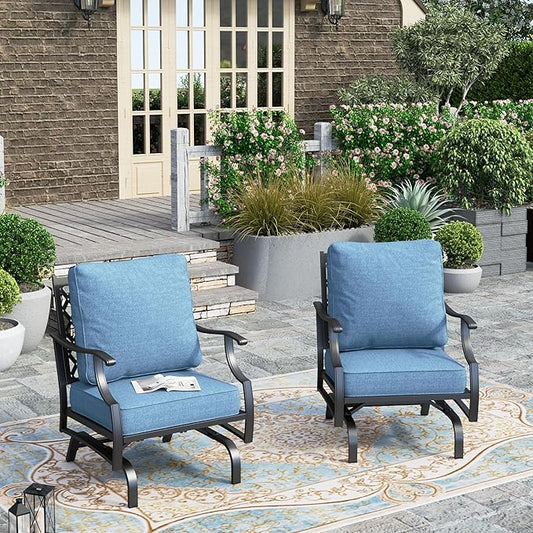 HERA'S HOUSE Outdoor Chairs Set of 2, 2 x Patio Chair with Navy Blue Cushions, All Weather Outdoor Furniture for Lawn Garden Backyard Deck(Rocking Chairs)