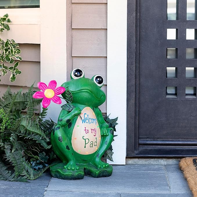 Alpine Corporation 18" Tall Outdoor Frog with Color Changing LED Lights and Welcome Sign Yard Statue