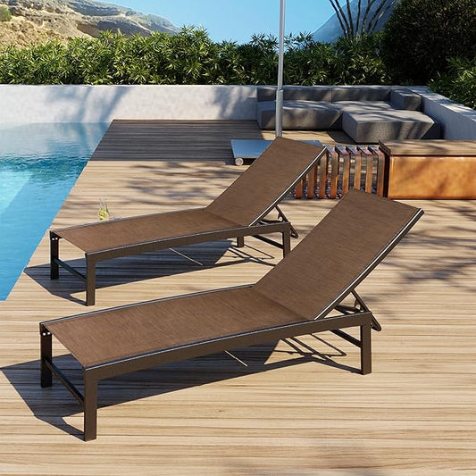 Patio Aluminum Chaise Lounge Chair, Set of 2 Outdoor Recliner Lounge Chair Sun Loungers, All Weather Chaise with 5 Adjustable Backrest and Lay Flat Positions for Garden, Balcony, Pool