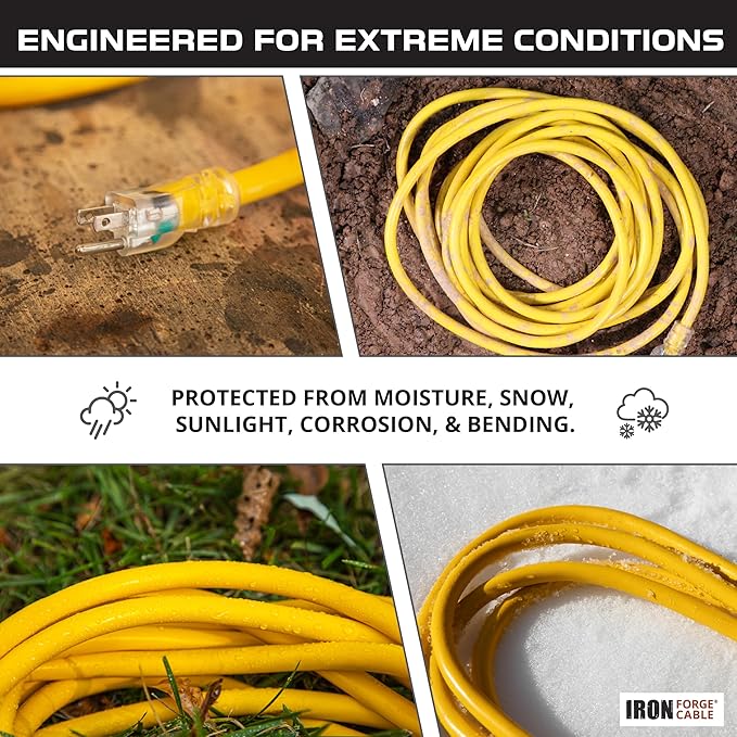 IRON FORGE CABLE 10 Foot Lighted Outdoor Extension Cord with 3 Electrical Power Outlets - 12/3 SJTW Heavy Duty Yellow Extension Cable with 3 Prong Grounded Plug for Safety, 15 AMP
