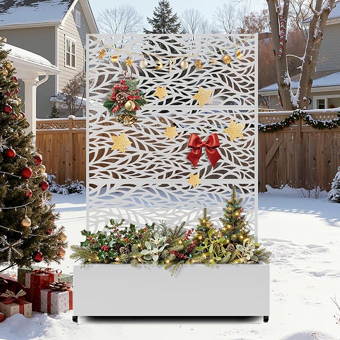 FENCY Metal Raised Garden Bed with Wheels and Trellis,73"x47"x16" Planter Box for Climbing Plants, Vegetables & Vines, Features Privacy Screen and Drainage Holes (White-Leaf)