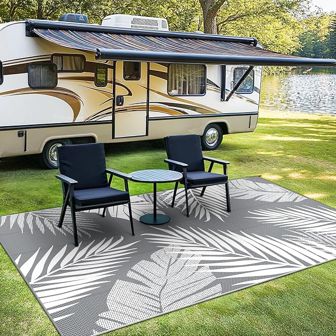GENIMO 8'x10' Outdoor Rug Waterproof for Patio Decor, Reversible Plastic Straw Rug Carpet, Camping Mats for Outdoor, RV, Backyard, Deck, Balcony, Picnic, Mix Grey & White