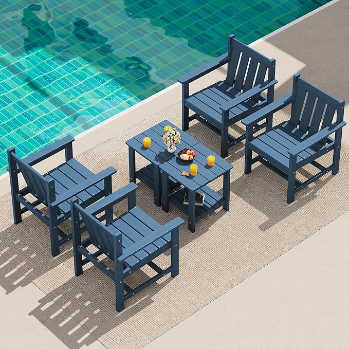 SEWRWALL 3 Pieces Patio Bistro Set, All Weather Adirondack Chair Set with Side Table, HDPE Material Outdoor Patio Furniture Set for Balcony, Porch, Garden, Backyard- Navy