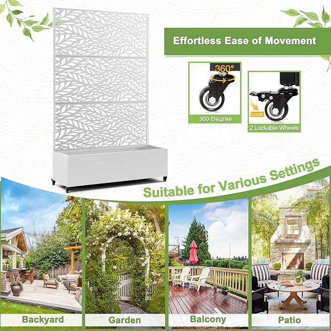 FENCY Metal Raised Garden Bed with Wheels and Trellis,73"x47"x16" Planter Box for Climbing Plants, Vegetables & Vines, Features Privacy Screen and Drainage Holes (White-Leaf)