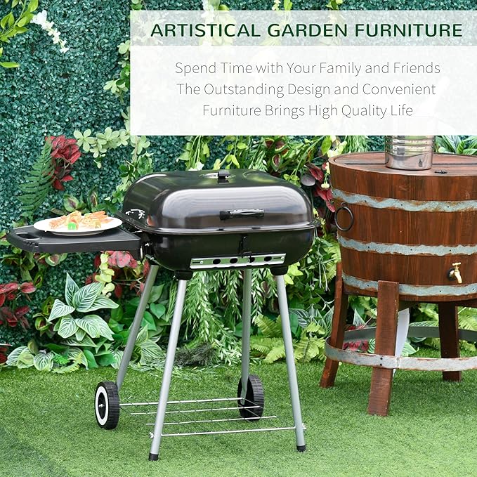 Outsunny Portable Charcoal Grill with Foldable Side Shelf and Bottom Shelf, BBQ Smoker with Wheels and Adjustable Vents on Lid for Picnic Camping Backyard Cooking, Black