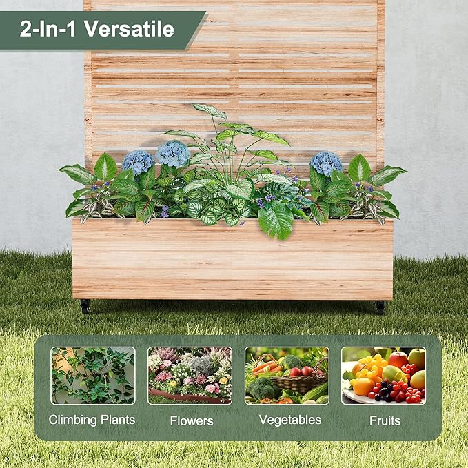 Large Metal Planter Box with Trellis and Wheels for Climbing Plants, Flower Garden Beds with Privacy Screen & Drainage Holes for Patio (47" L, Square White Wood Grain)