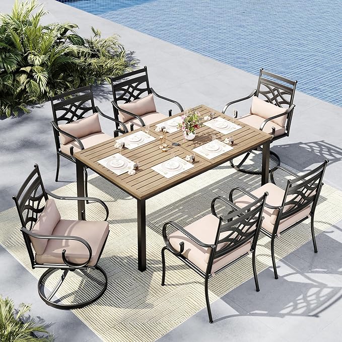 MFSTUDIO Patio Table and Chairs Set, Patio Dining Set for 6 with Umbrella Hole, Outdoor Dining Sets with Cushioned Chairs, 7 Piece Outdoor Patio Furniture Set for Deck Backyard Garden