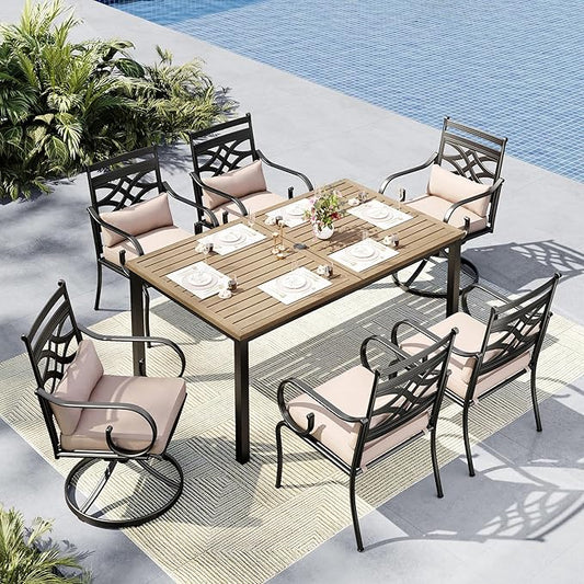 MFSTUDIO Patio Table and Chairs Set, Patio Dining Set for 6 with Umbrella Hole, Outdoor Dining Sets with Cushioned Chairs, 7 Piece Outdoor Patio Furniture Set for Deck Backyard Garden