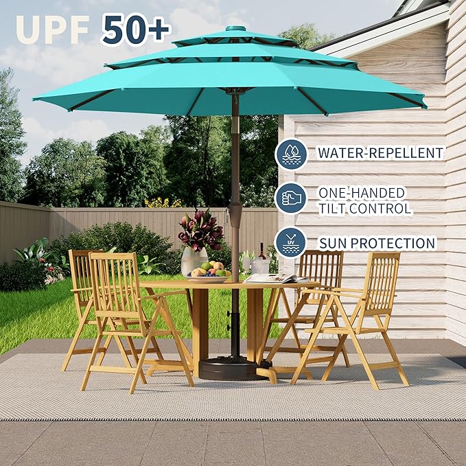 9FT 3 Tiers Patio Umbrella With Auto Tilt and Crank, Outdoor Table Market Umbrella with 8 Sturdy Ribs for Garden,Lawn,Deck,Backyard and Pool,Peacock Blue