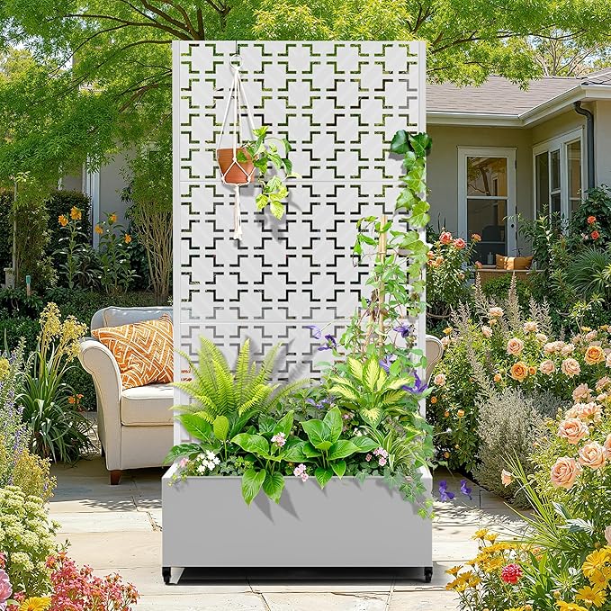 Metal Raised Garden Bed with Trellis, 2-in-1 Planter Box & Privacy Screen for Climbing Plants, Outdoor Standing Flower Bed with Drainage Holes, 35.4" L x 15.7" W x 70.1" H, White-Square