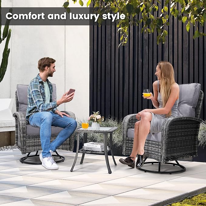 Luxury Outdoor Swivel Wicker Glider Patio Chairs with Table Set, Overstuffed Washable Cushions, Ideal for Porch, Balcony, Deck, Grey Rattan and Grey Cushion