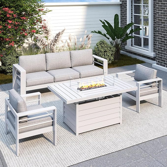 Solaste Aluminum Patio Furniture Set with Fire Pit Table, 4 Piece Metal Outdoor Furniture with Water-Resistant Cushions, Modern Patio Conversation Set for Balcony, Front Porch, and Backyard, White