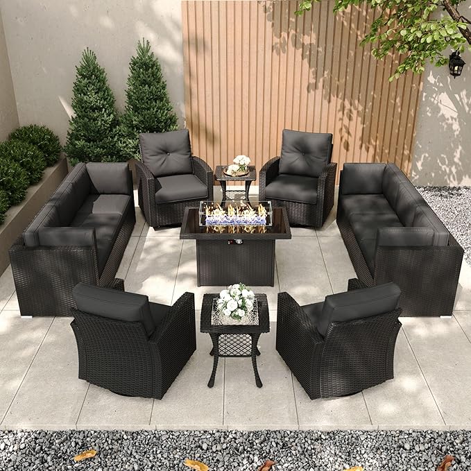Patio Furniture Set with Fire Pit Table, 13 Pieces Outdoor All-Weather Wicker Conversation Sectional Chair Sofa Set with 4 Swivel Chairs