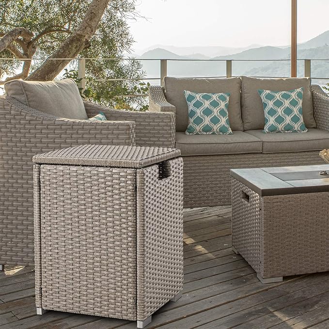COSIEST Outdoor Hideaway Wicker Grey Tank Table for Gas Fire Pits, Hides Standard 20 Gallon 16-inch Propane Tank Cover