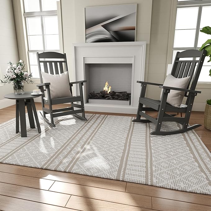 Outdoor Rocking Chairs Set of 6, Oversized High Back Patio Rocking Chairs, All Weather Porch Rocking Chairs for Outside. Dark Grey