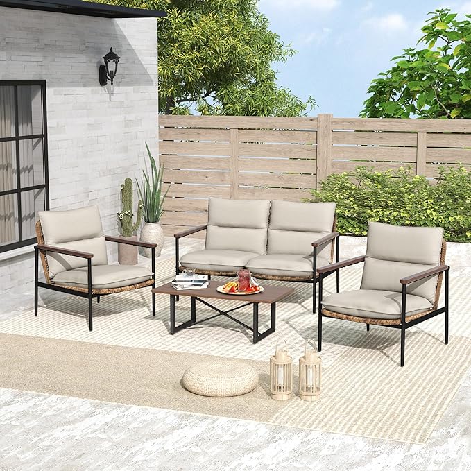 4-Piece Patio Furniture Sets, All Weather Rattan Patio Conversation Set with Aluminum Frame, Loveseat, 2 Chairs and Coffee Table, Smooth Wooden Armrest & Olefin Cushion for Yard Deck Porch