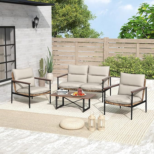 4-Piece Patio Furniture Sets, All Weather Rattan Patio Conversation Set with Aluminum Frame, Loveseat, 2 Chairs and Coffee Table, Smooth Wooden Armrest & Olefin Cushion for Yard Deck Porch
