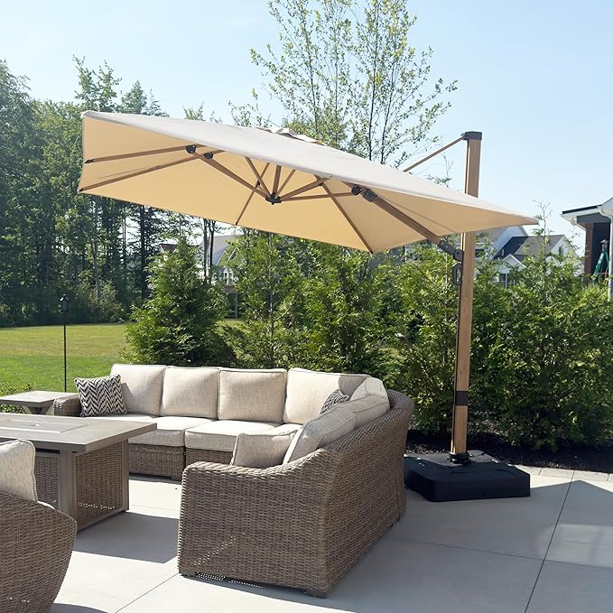 PURPLE LEAF 9FT Patio Umbrella Square Cantilever Umbrella Teak Finished Aluminum Frame Large Windproof Offset Outdoor Sun Umbrellas for Beach Pool Deck, Beige