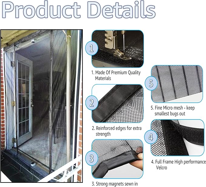 TheFitLife Double Door Magnetic Screen - Mesh Curtain with Full Frame Hook & Loop Powerful Magnets, Snap Shut Automatically for Patio, Sliding Or Large Door (Fits Doors up to 64''x80'')