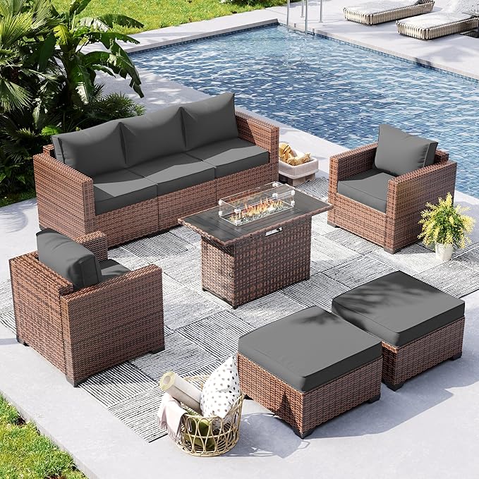 UDPATIO Patio Furniture Set with 44" Fire Pit Table, 6 Pieces Outdoor Conversation Sectional Furniture Sets Wicker Rattan Outdoor Sofa Ottoman with Waterproof Covers for Porch Deck Backyard Grey