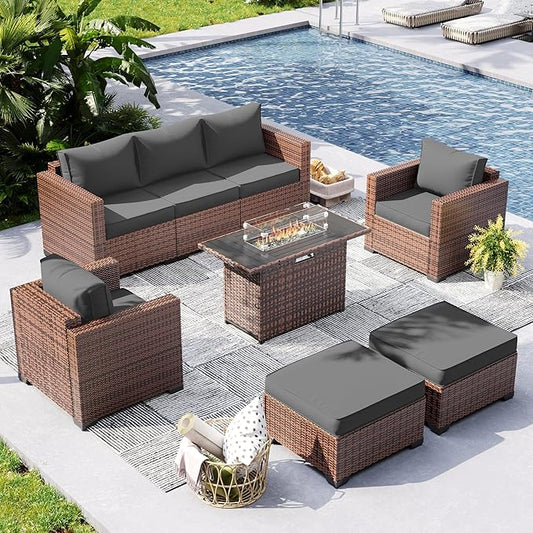 UDPATIO Patio Furniture Set with 44" Fire Pit Table, 6 Pieces Outdoor Conversation Sectional Furniture Sets Wicker Rattan Outdoor Sofa Ottoman with Waterproof Covers for Porch Deck Backyard Grey