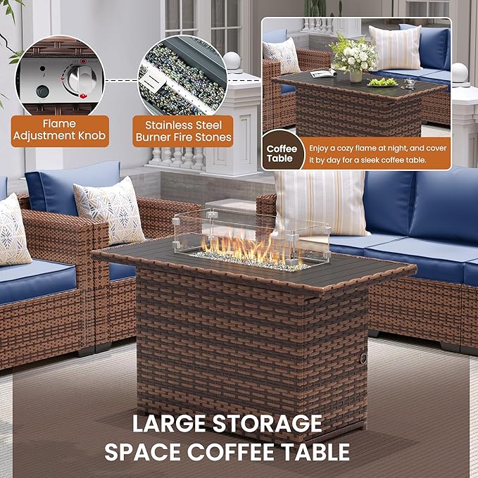 UDPATIO Patio Furniture Set with 44" Fire Pit Table, 4 Pieces Outdoor Furniture Sets, Wicker Rattan Patio Conversation Sets with Outdoor Sofa Waterproof Covers for Porch Deck Backyard, Blue