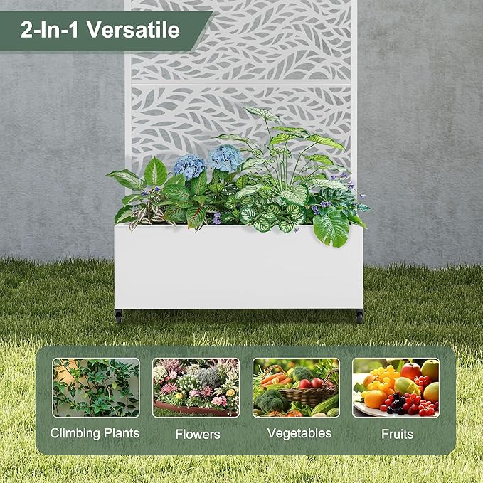 Metal Standing Planter Box with Trellis, Privacy Planter for Patio, Outdoor Raised Garden Beds with Trellis for Climbing Plants, Garden Boxes with Wheels & Drainage Holes (35"L, White Spring)