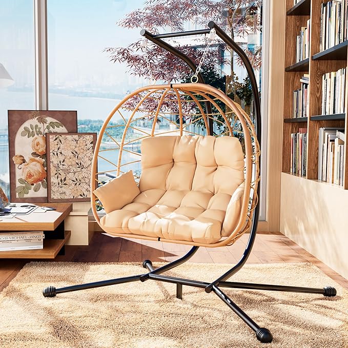 Pamapic 700 LBS Double Egg Chair Outdoor, UV Resistant Cushions Hanging Egg Chair with Armrests & Headrest, Thick Steel Frame Egg Swing Chair with Stand, for Relaxing & Reading Outside/Inside(Beige)