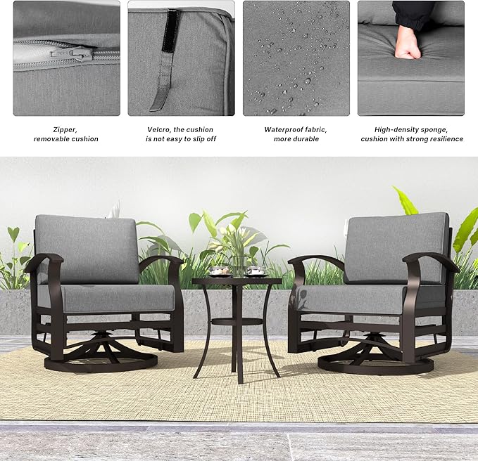 Kurapika 3 Pieces Patio Furniture Set, Outdoor Aluminum Rocking Chair, Patio Bistro Set Swivel Gliders Rocker with Tempered Glass Side Table (Grey)