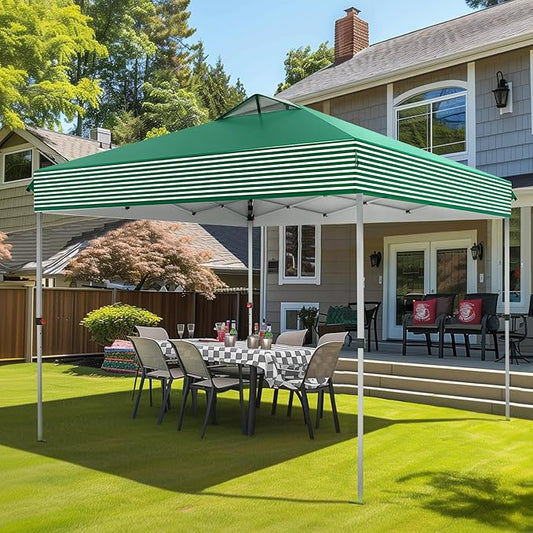 Sophia & William Canopy Tent Pop Up 10x10 ft, Outdoor Patio Portable Commercial Canopies Shelter Heavy Duty Straight Legs with Roller Bag, 8 Stakes, 4 Guy Ropes, UPF50+, Green & White Stripes
