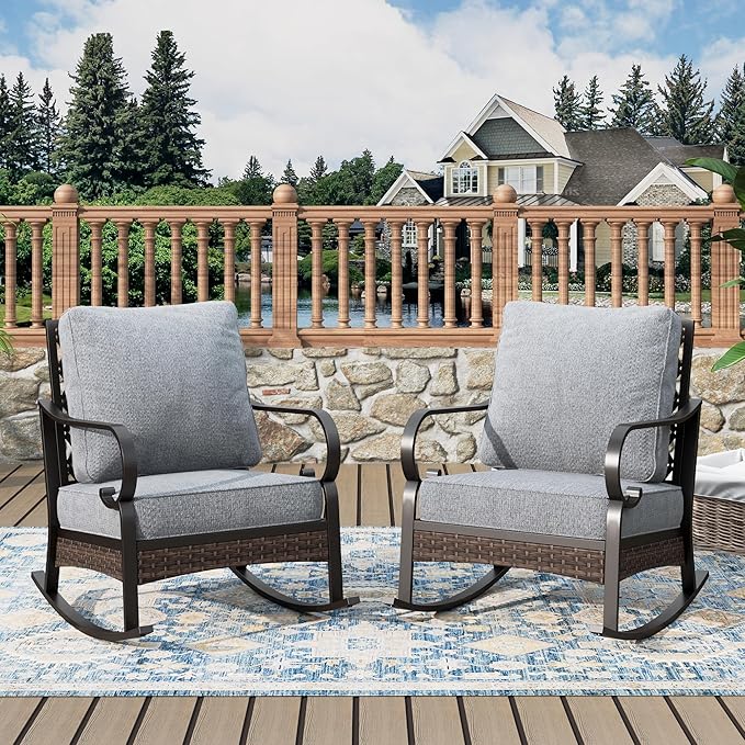 Outdoor Patio Rocking Sofa Chairs Set of 2 Steel Frame Porch Furniture with Deep Seating and 5.75" Cushions for Lawn Backyard Deck, Grey