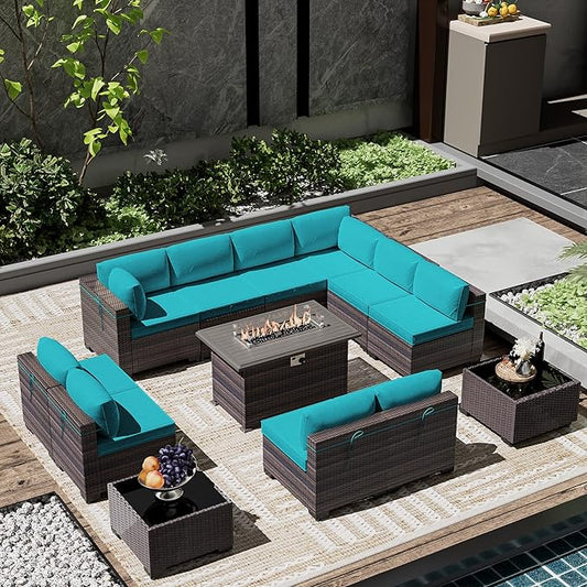 Outdoor Patio Furniture Set with Gas Fire Pit Table, 13 Pieces Outdoor Furniture Set Patio Sectional Sofa w/43in 55000 BTU Propane Fire Pit, PE Wicker Rattan Patio Conversation Sets - Teal